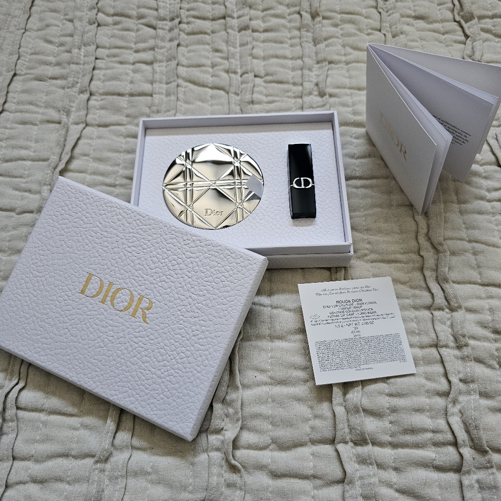 Dior Silver Compact and Lipstick Set